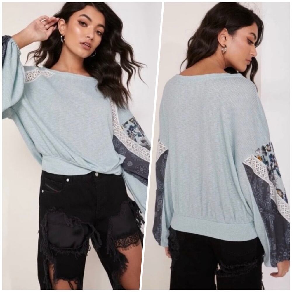 Free People | Women | Casual Clash Mint Mixed Media Balloon Sleeve Top | Small - Picture 12 of 13
